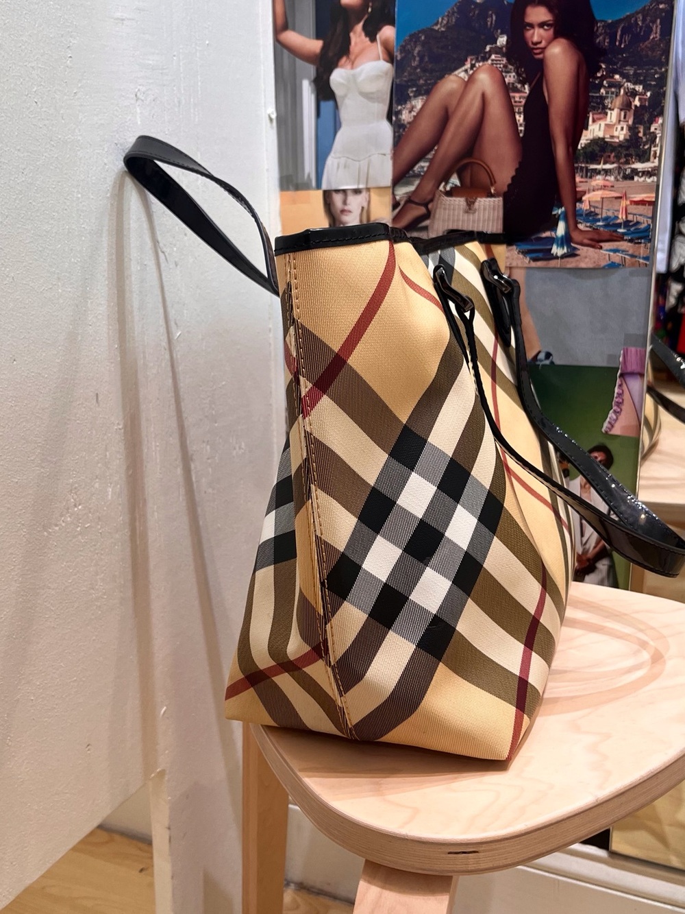 “Nickie” Plaid Tote Bag with Black Trim - Beige - Picture 2 of 13